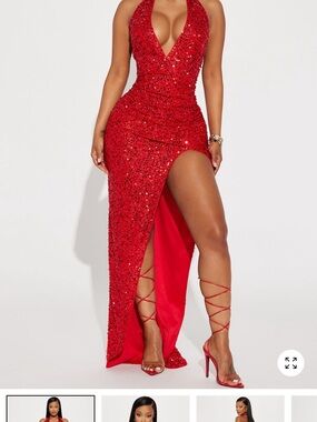 Red Sequin Halter Slit Evening Dress